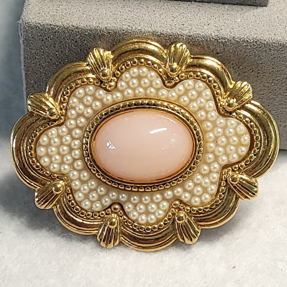 Vintage Gold Tone Faux Pearl Pink Cabochon Brooch Seed Pearl Statement Pin